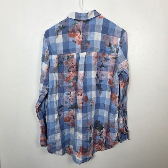 Joules Blue 100% Linen Gingham Floral Long Sleeve Button Up Shirt Size 8 - Picture 7 of 8